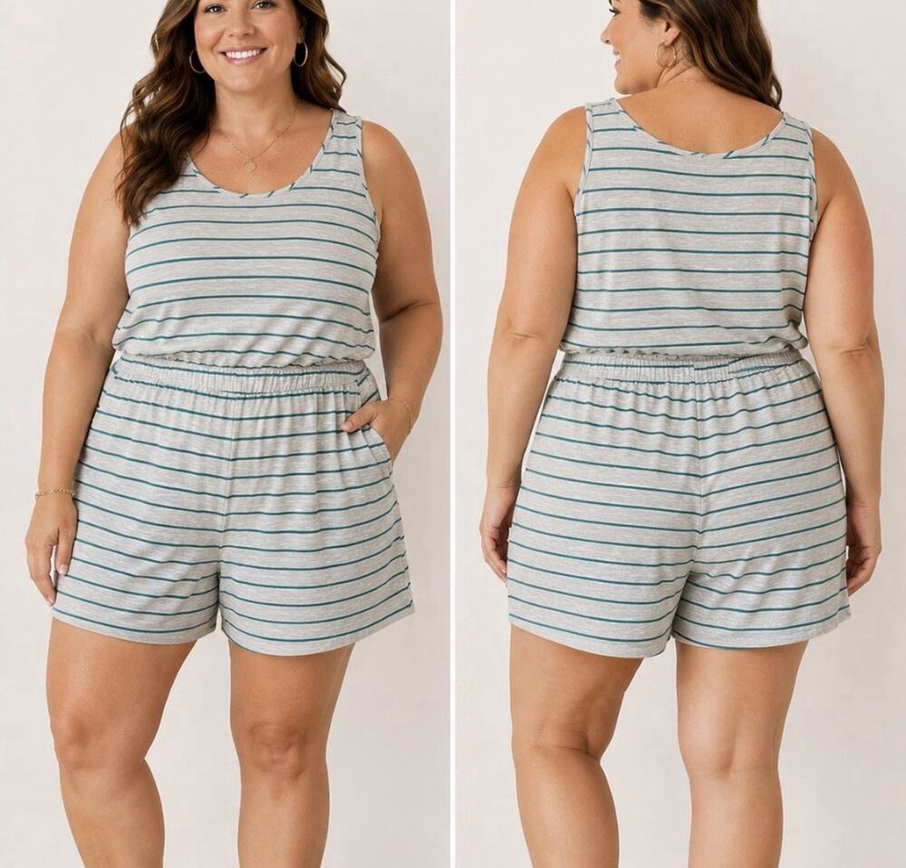 Women's Plus Size 3X Romper Shorts Short Sleeves Casual Stretchy Striped NEW